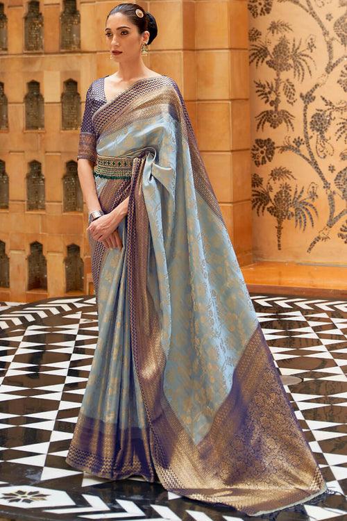 Load image into Gallery viewer, Lovely Sky Kanjivaram Silk Saree With Attractive Blouse Piece

