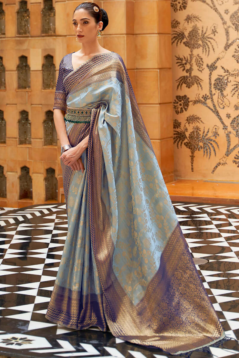 Lovely Sky Kanjivaram Silk Saree With Attractive Blouse Piece
