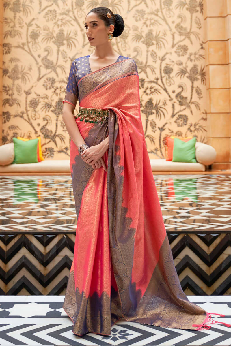 Refreshing Pink Kanjivaram Silk Saree With Sensational Blouse Piece