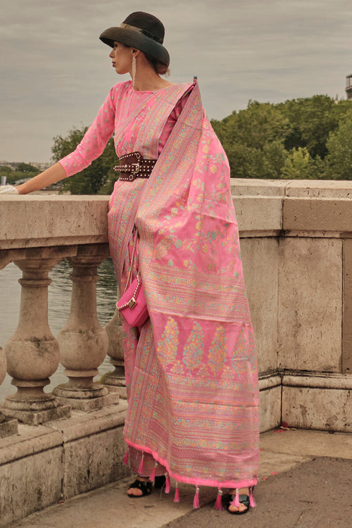 Load image into Gallery viewer, Alluring Baby Pink Kashmiri Model Organza Silk Saree With Adorning Blouse Piece
