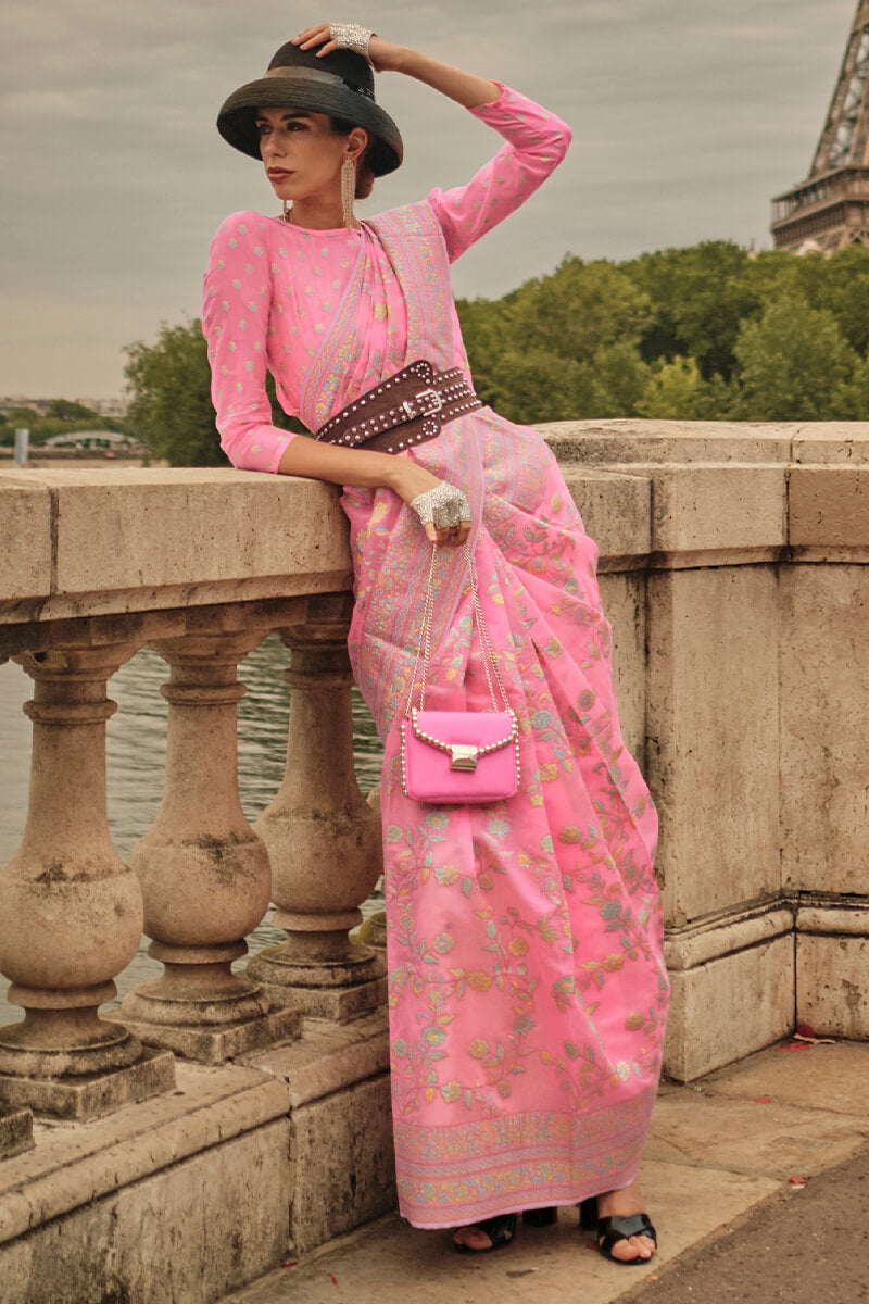 Alluring Baby Pink Kashmiri Model Organza Silk Saree With Adorning Blouse Piece