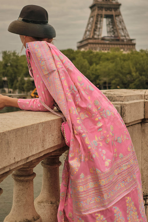 Load image into Gallery viewer, Alluring Baby Pink Kashmiri Model Organza Silk Saree With Adorning Blouse Piece
