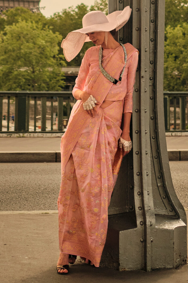 Captivating Dark Peach Kashmiri Model Organza Silk Saree With Captivating Blouse Piece