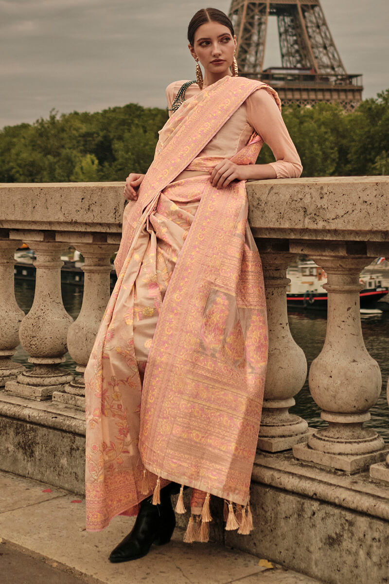 Desirable Peach Kashmiri Model Organza Silk Saree With Adoring Blouse Piece