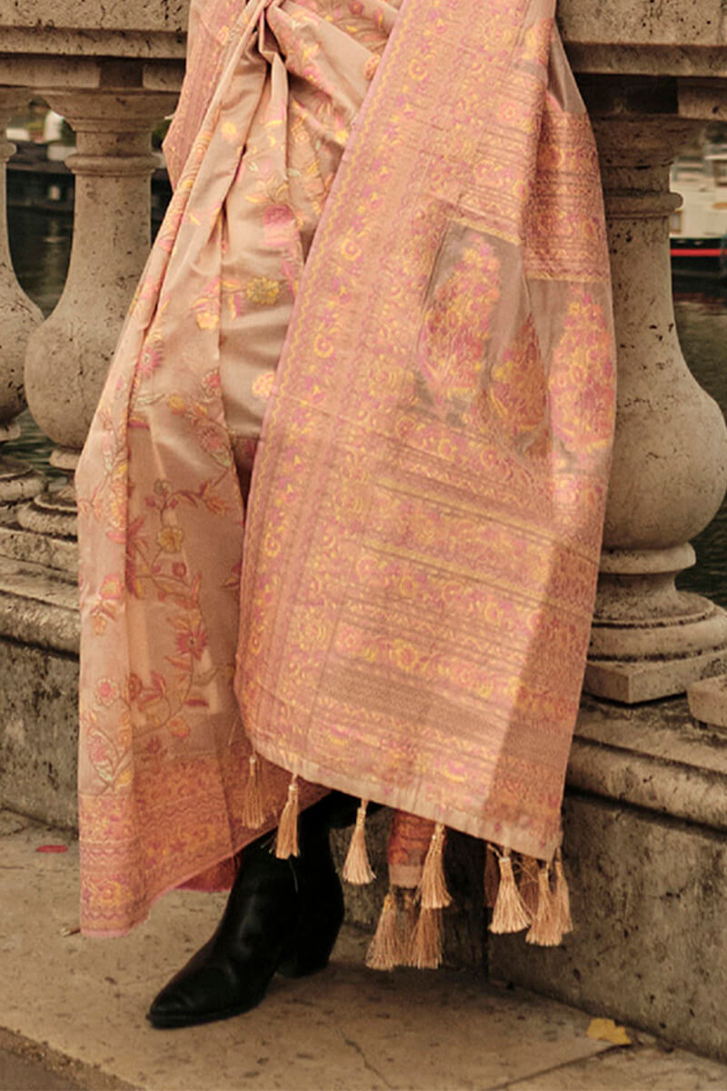 Desirable Peach Kashmiri Model Organza Silk Saree With Adoring Blouse Piece