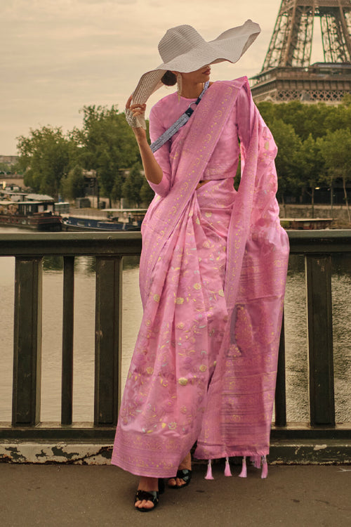 Load image into Gallery viewer, Flameboyant Pink Kashmiri Model Organza Silk Saree With Ideal Blouse Piece
