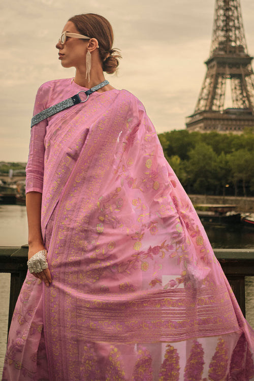 Load image into Gallery viewer, Flameboyant Pink Kashmiri Model Organza Silk Saree With Ideal Blouse Piece
