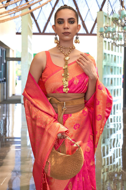 Twirling Dark Pink Soft Banarasi Silk Saree With Ideal Blouse Piece