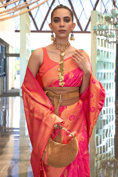 Twirling Dark Pink Soft Banarasi Silk Saree With Ideal Blouse Piece