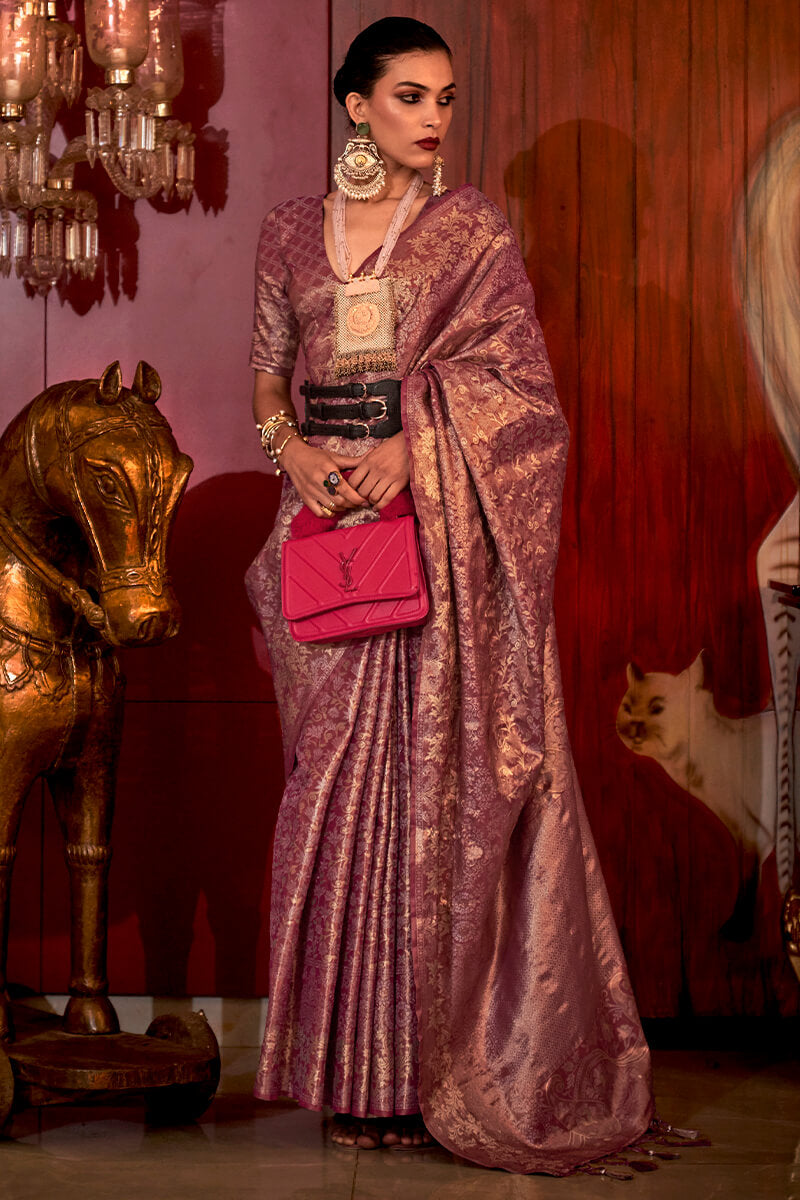 Skinny Purple Soft Banarasi Silk Saree With Outstanding Blouse Piece