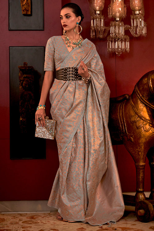 Load image into Gallery viewer, Impressive Grey Soft Banarasi Silk Saree With Adorable Blouse Piece
