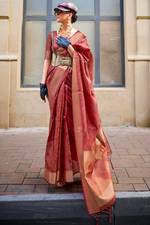 Load image into Gallery viewer, Fancifull Maroon Organza Silk Saree With Engrossing Blouse Piece
