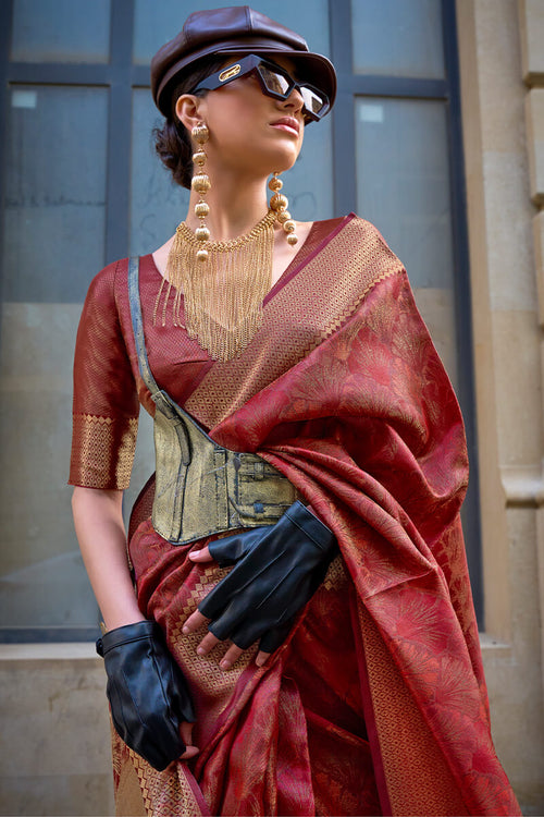 Load image into Gallery viewer, Fancifull Maroon Organza Silk Saree With Engrossing Blouse Piece
