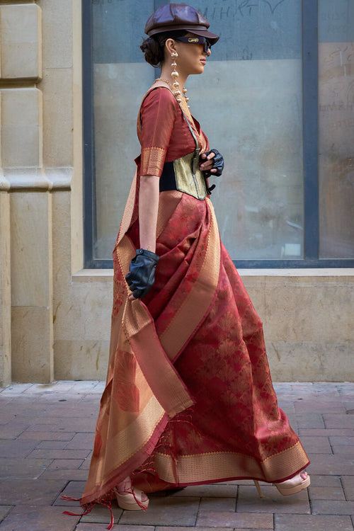 Load image into Gallery viewer, Fancifull Maroon Organza Silk Saree With Engrossing Blouse Piece
