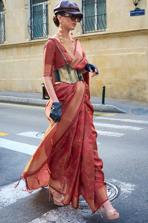 Load image into Gallery viewer, Fancifull Maroon Organza Silk Saree With Engrossing Blouse Piece
