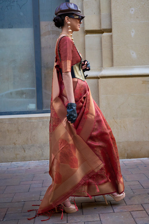 Load image into Gallery viewer, Fancifull Maroon Organza Silk Saree With Engrossing Blouse Piece
