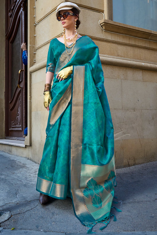 Load image into Gallery viewer, Deserving Rama Organza Silk Saree With Sizzling Blouse Piece
