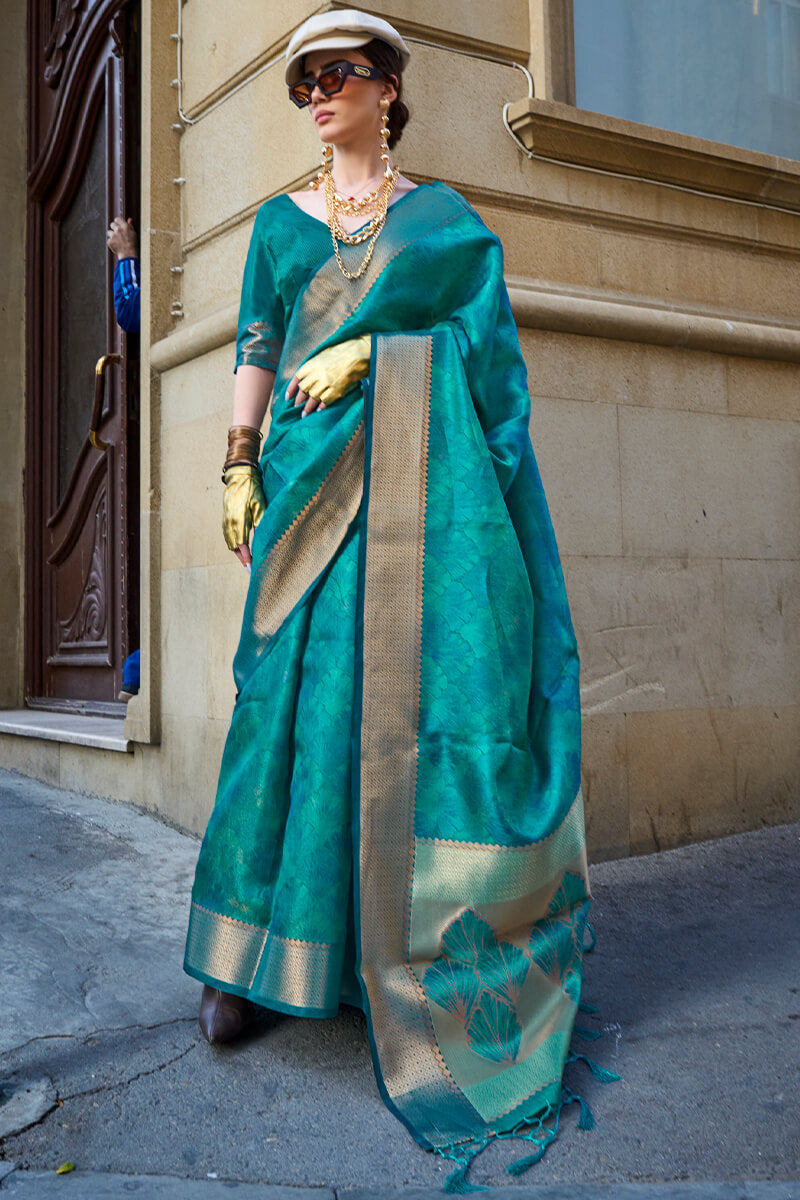 Deserving Rama Organza Silk Saree With Sizzling Blouse Piece