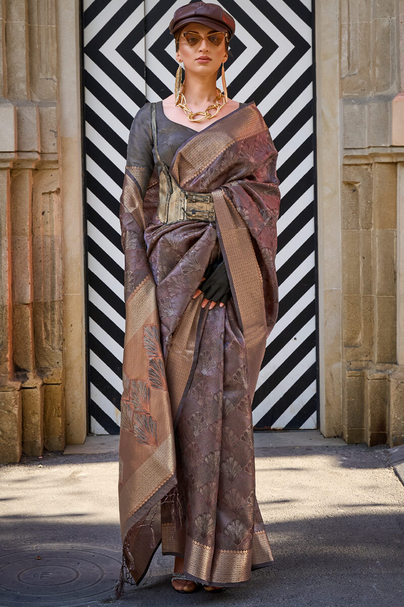 Refreshing Brown Organza Silk Saree With Lovely Blouse Piece