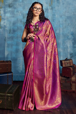 Pleasurable Purple Kanjivaram Silk Saree With Amiable Blouse Piece