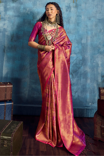 Traditional Wine Kanjivaram Silk Saree With Winsome Blouse Piece