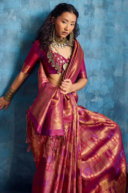 Traditional Wine Kanjivaram Silk Saree With Winsome Blouse Piece