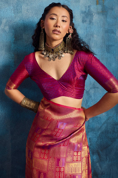 Traditional Wine Kanjivaram Silk Saree With Winsome Blouse Piece