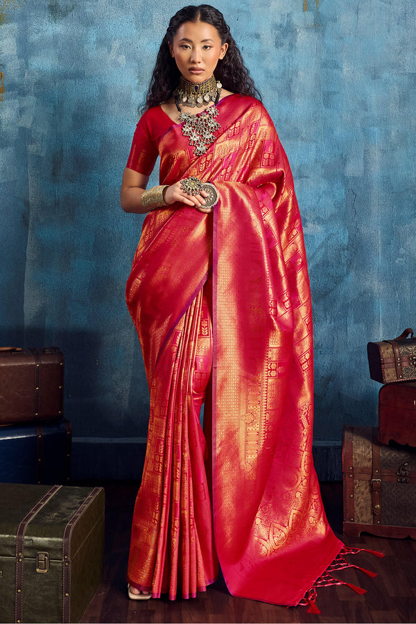 Efflorescence Dark Pink Kanjivaram Silk Saree With Blooming Blouse Piece