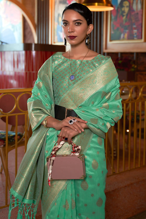 Load image into Gallery viewer, Confounding Sea Green Soft Banarasi Silk Saree With Redolent Blouse Piece
