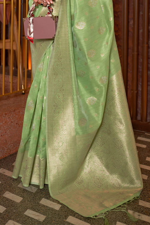 Load image into Gallery viewer, Desultory Pista Soft Banarasi Silk Saree With Beleaguer Blouse Piece
