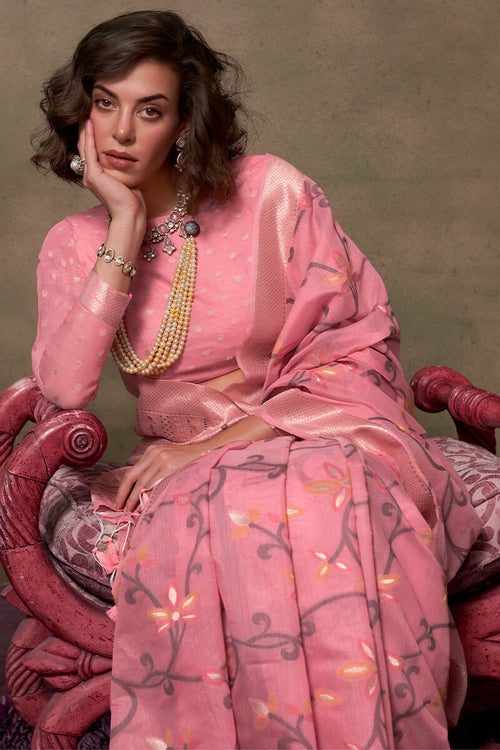 Load image into Gallery viewer, Sumptuous Pink Cotton Silk Saree With Nemesis Blouse Piece
