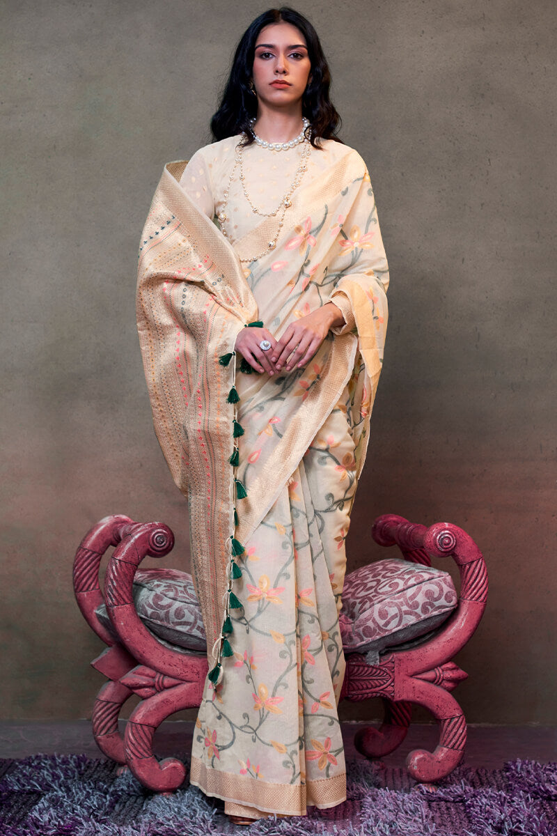 Fantabulous Beige Cotton Silk Saree With Profuse Blouse Piece