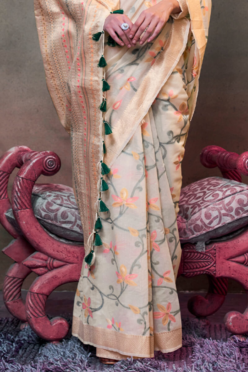 Fantabulous Beige Cotton Silk Saree With Profuse Blouse Piece