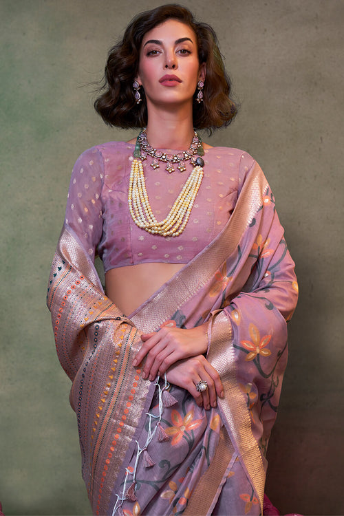 Load image into Gallery viewer, Supernal Lavender Cotton Silk Saree With Jubilant Blouse Piece
