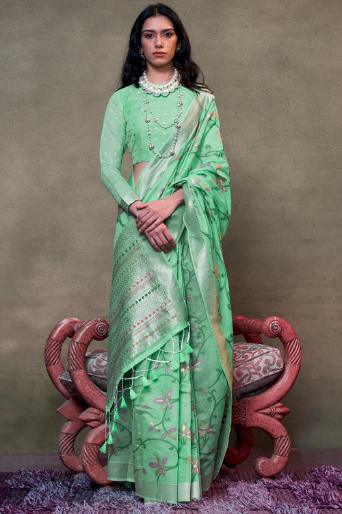 Load image into Gallery viewer, Embellished Turquoise Cotton Silk Saree With Tantalizing Blouse Piece
