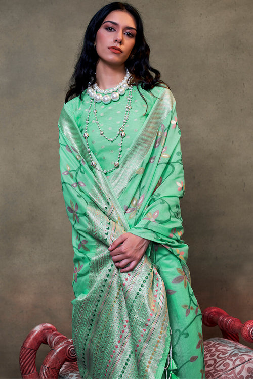 Load image into Gallery viewer, Embellished Turquoise Cotton Silk Saree With Tantalizing Blouse Piece
