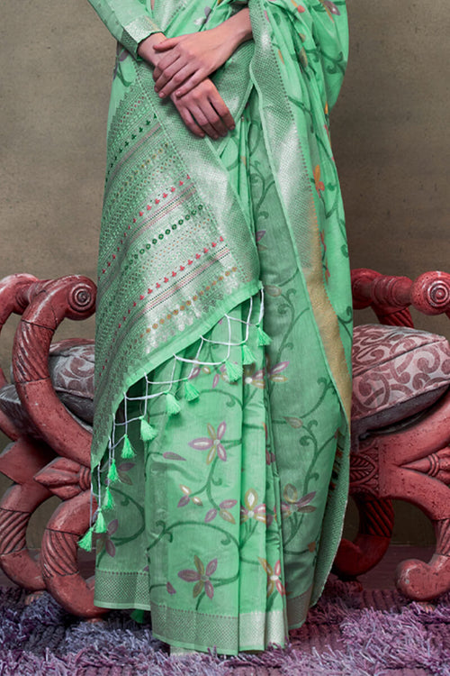 Load image into Gallery viewer, Embellished Turquoise Cotton Silk Saree With Tantalizing Blouse Piece
