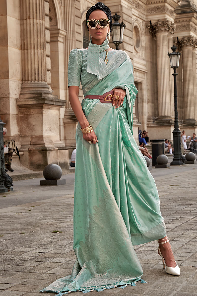 Prodigal Sea Green Soft Banarasi Silk Saree With Piquant Blouse Piece