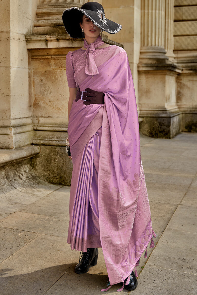 Tempting Lavender Soft Banarasi Silk Saree With Exquisite Blouse Piece