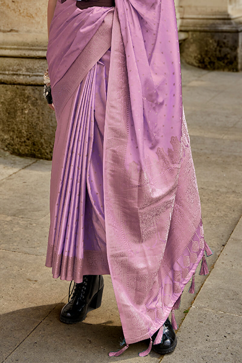 Tempting Lavender Soft Banarasi Silk Saree With Exquisite Blouse Piece