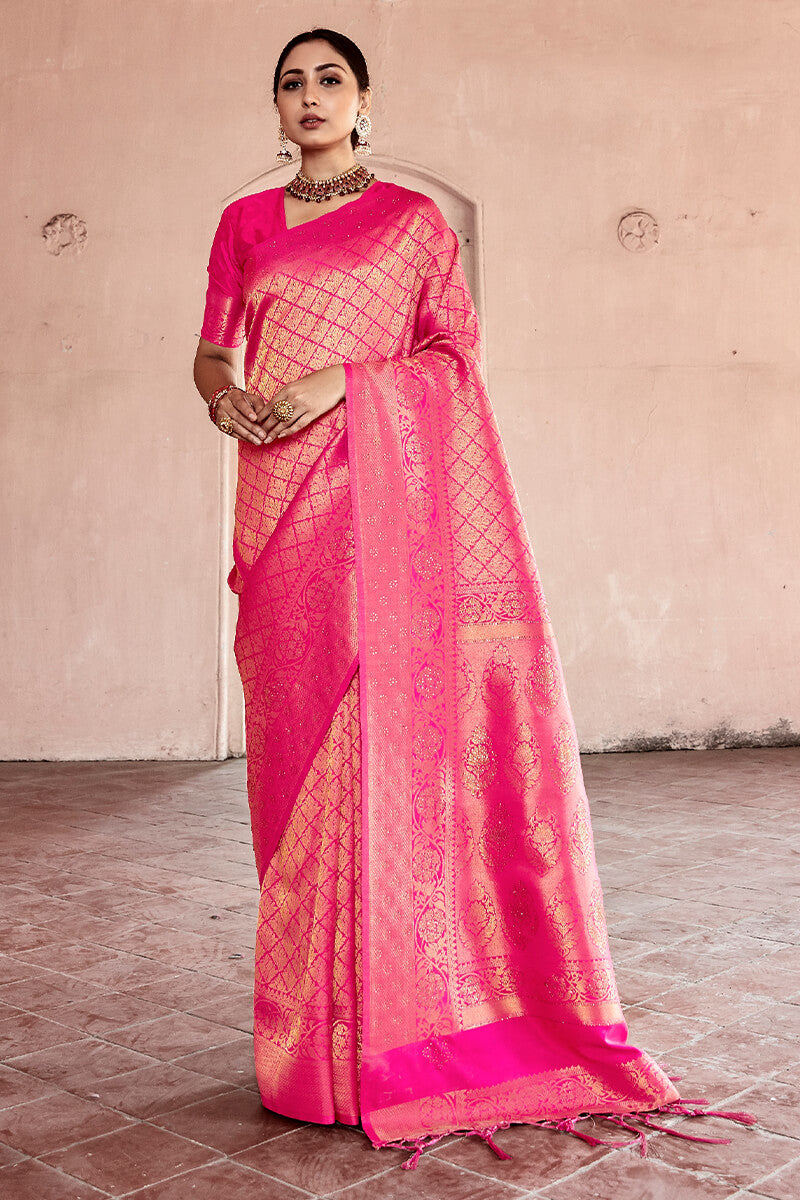 Nemesis Dark Pink Kanjivaram Silk Saree With Evocative Blouse Piece