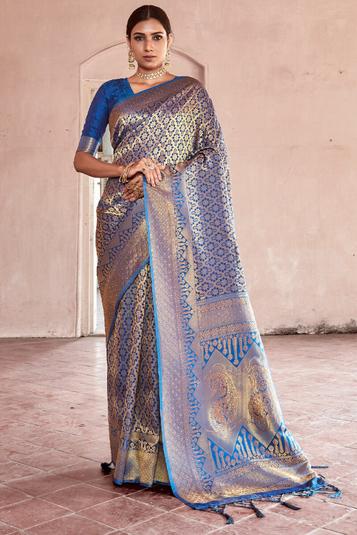 Load image into Gallery viewer, Efflorescence Blue Kanjivaram Silk Saree With Dalliance Blouse Piece
