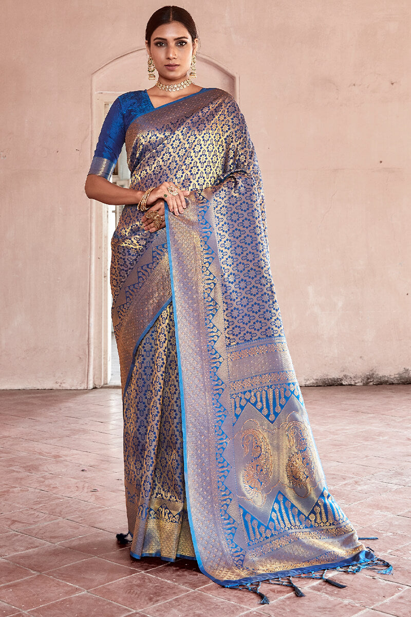 Efflorescence Blue Kanjivaram Silk Saree With Dalliance Blouse Piece