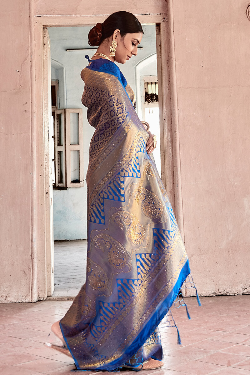 Efflorescence Blue Kanjivaram Silk Saree With Dalliance Blouse Piece