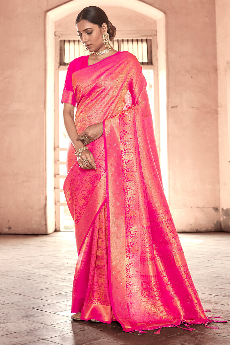 Excellent Pink Kanjivaram Silk Saree With Angelic Blouse Piece