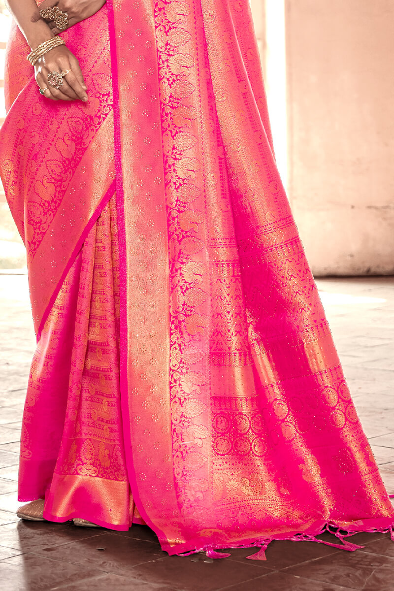 Excellent Pink Kanjivaram Silk Saree With Angelic Blouse Piece