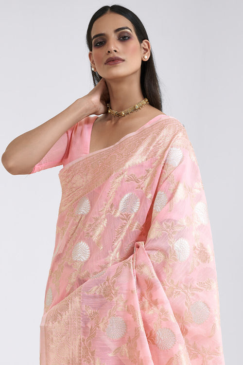 Load image into Gallery viewer, Flattering Baby Pink Cotton Silk Saree With Demanding Blouse Piece
