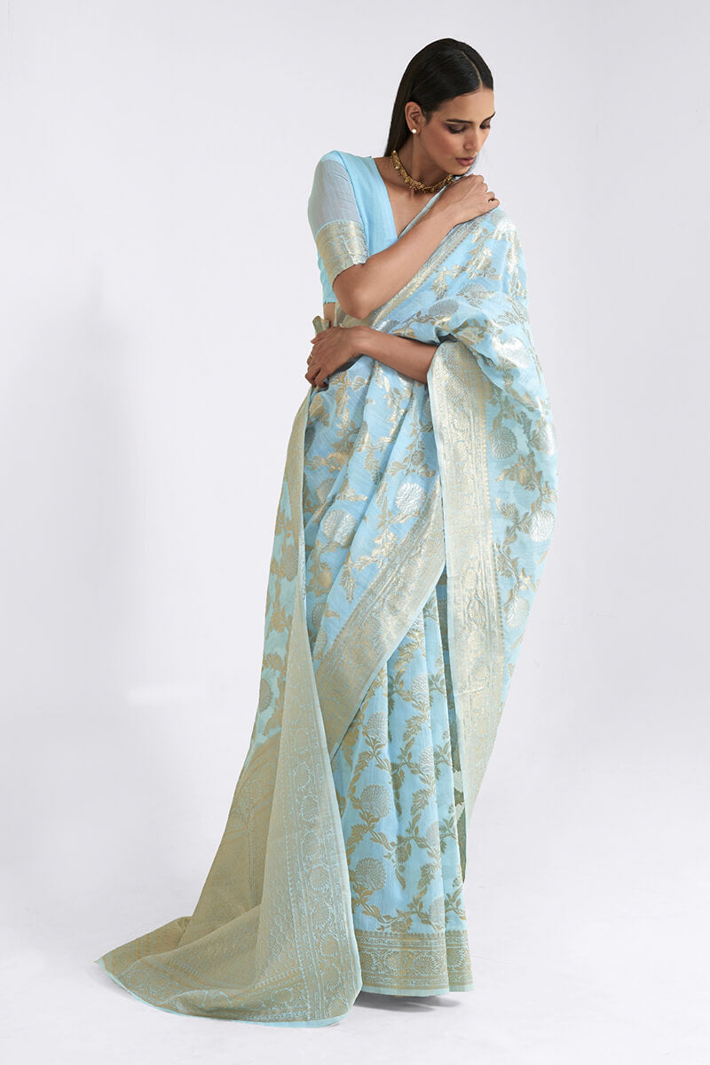 Smart Sky Cotton Silk Saree With Opulent Blouse Piece
