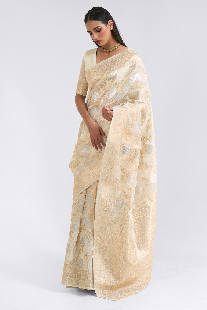 Desirable Beige Cotton Silk Saree With Divine Blouse Piece