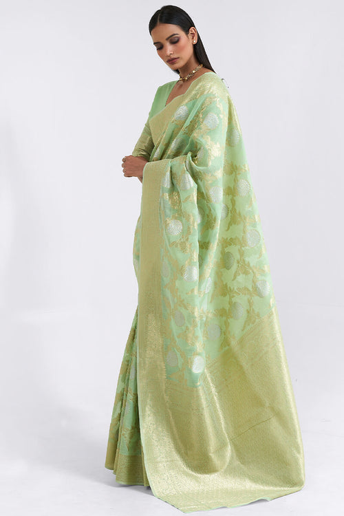 Load image into Gallery viewer, Desultory Pista Cotton Silk Saree With Murmurous Blouse Piece
